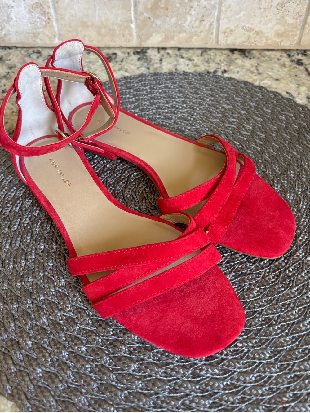 New!!! Karmin Red Suede Ankle Strap Flat Sandals 6